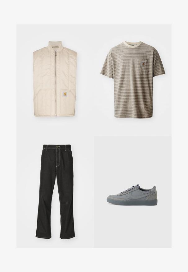 Lys beige ermeløs vest med glidelås foran, sidelommer og quiltet tekstur. Har et lite firkantet logo på venstre lomme.; Kortermet stripete t-skjorte i beige og brun, med rund hals og brystlomme med logopatch. Teksturert stoff.; Svarte denimbukser med løs passform, med kontrastfylt hvit søm, knappelukking og rett ben-design.; Grå mokkasins sneakers med en glatt skinn-overdel, med en teksturert gummi såle og klassisk snøring. Signatur swoosh-logo på siden.