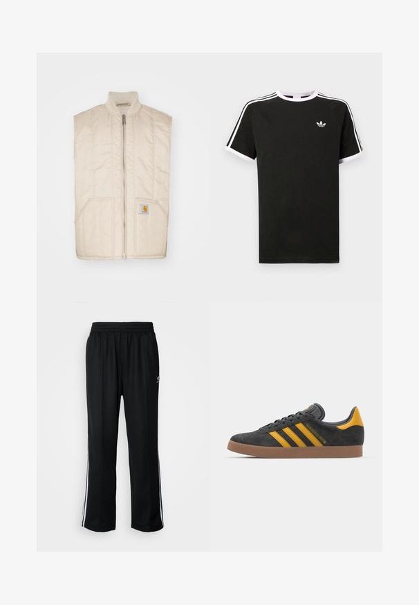 Svetlo bež brezrokavnjak s sprednjim zadrgo, stranskimi žepi in z elementi prešitega tekstila. Ima majhen kvadraten logotip na levem žepu.; Črna majica s kratkimi rokavi, izdelana iz bombaža, s belimi detajli. Ima raglan kroj in majhen logo na prsih. Tri bele črte na ramenih.; Črne atletske hlače z elastičnim pasom, ki imajo bele stranske črte in majhen logo. Material izgleda mehak in lahek.; Črne semiš tene z rumenimi akcenti, ki vsebujejo tri trakove in rjavo gumo podplat. Vključujejo oblazinjeno jezik za udobje.