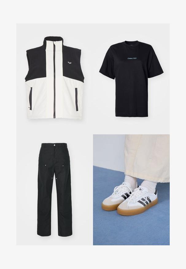 Sort og hvid ærmeløs vest med høj krave, lynlåslukning, fleece tekstur og sidelommer; har kontrasterende syninger og et logo.; Sort bomulds T-shirt med en afslappet pasform. Har "Carhartt, WTP" broderet i lyseblå på forsiden, rund halsudskæring og korte ærmer.; Sorte bukser med lige ben-design, lavet af et tekstureret stof. Har dekorativt sølvhardware og unikke sømdetaljer.; Hvide sneakers med sorte striber og beige ruskindsdetaljer. Har en tekstureret gummisål og flade hvide snørebånd, båret med lyse sokker.