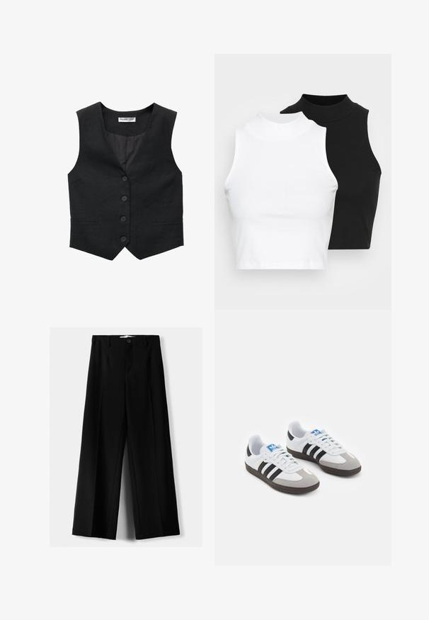 Črn laneni brezrokavnik z V-izrezom, petimi gumbi in dvema stranskima žepoma. Notranjost je obložena z gladkim materialom.; Dva brezrokavniki z rebrasto turtleneck gorami v črni in beli barvi, z oblikovanim dizajnom in gladko teksturo, v skrajšani dolžini.; Črne široke hlače iz lahkega materiala, z zapiranjem na gumb spredaj in ravnim sprednjim delom, s skrbno zašiti robovi.; Športni čevlji z belim usnjenim zgornjim delom, sivim semišem na prstih in tremi črnimi črtami. Imajo modro logo na jeziku in teksturiran gumijast podplat.