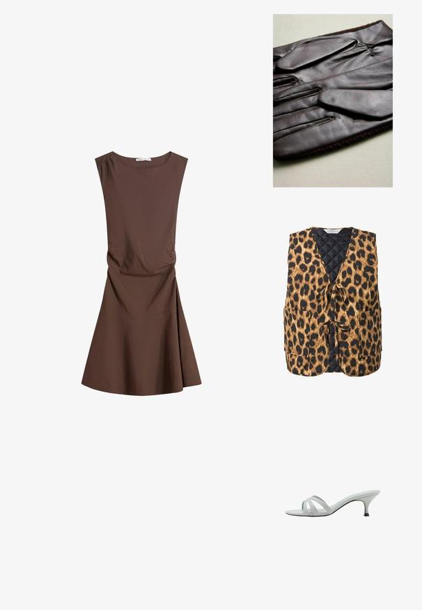 Vuorattu leopardikuvioinen liivi ruskeassa ja mustassa, jossa on V-pääntie, sidontanauha ja kaksi sivutaskua. Huokoinen kangas geometrisella kuviolla.; Hihaton ruskea polvipituinen mekko, jossa on pyöreä pääntie ja hieman sivuvarjostusta, liehuva hame yksinkertaisella valkoisella taustalla.; Vaaleanharmaat korkokengät, joissa on kolme ristikkäistä hihnaa, hoikka profiili ja kapeat korot. Sujuva pinta, jossa on hieman kiiltävä viimeistely.; Ruske nahkane rokavice gladke teksture, s petimi prsti, elastičnim zapestjem in dekorativnim šivom ob robu.