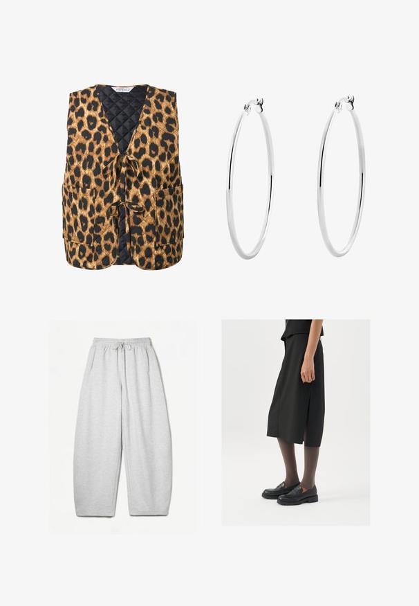 Vuorattu leopardikuvioinen liivi ruskeassa ja mustassa, jossa on V-pääntie, sidontanauha ja kaksi sivutaskua. Huokoinen kangas geometrisella kuviolla.; Huppari harmaana, joka on leikattu lyhyeksi ja valmistettu pehmeästä kankaasta. Varustettu säädettävällä naruhupulla, leveillä hihoilla ja pienellä logolla etupuolella.; Harmaat rentosäärystimet, joissa on rento istuvuus, joustava vyötärö, nyöri ja sivutaskut; valmistettu pehmeästä, teksturoidusta kankaasta.; Mustat polvenpituinen hame, jossa on sivuaukko, yhdistettynä mustiin loafer-kengiin ja ohuisiin ruskeisiin sukkahousuihin. Hameessa on sileä kangas ja yksinkertainen muotoilu.; Hopehope hopehope hopehope hopehope hopehope, joka on sileä ja kiillotettu pinta ja ohut, pyöreä muoto. Muotoilu sisältää turvallisen lukituksen.