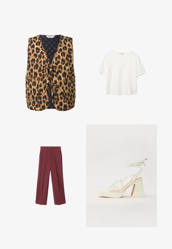 Prošívaná vesta s leopardím vzorem v hnědé a černé barvě, s výstřihem do V, zavíráním na tkaničku a dvěma bočními kapsami. Texturovaná tkanina s geometrickým vzorem.; Bílý krátký rukáv tričko vyrobené z bavlny. Má kulatý výstřih a volný střih. Hladký materiál bez viditelných vzorů nebo akcentů.; Bordové kalhoty s širokými nohavicemi a hladkým povrchem, s bočními kapsami a vysokým pasem. Ušity s čistým předním záhybem.; Bílé sandály na vysokém podpatku s robustním podpatkem, s designem s pásky a zavazováním kolem kotníku. Hladký povrch s platformou vpředu pro zvýšení výšky.