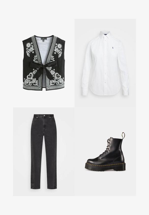 Fekete mellény fehér virágmintás hímzéssel és csíkos béléssel, V-nyakkivágással, ujjatlan kialakítással és elől megkötős záródással.; Fehér ing, álló gallérral, hosszú ujjakkal, bal mellen egy kis kék logóval. Pamut anyagból készült.; Fekete, egyenes szárú farmernadrág, magas derékkal, elülső gombbal és cipzárral, valamint öt zsebes stílussal, fehér háttérrel.; Fekete bőrből készült, fűzős bokacsizma masszív fekete talppal és sárga varrással. Hátsó húzófüllel és kör alakú fémszemekkel rendelkezik.