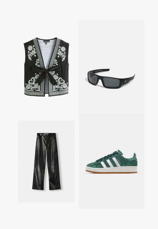 Gilet noir avec broderie florale blanche et doublure rayée, présentant un col en V, sans manches et une fermeture à nouer à l'avant.; Deux hauts à manches longues : un noir et un blanc. Tous deux présentent un col rond et une texture lisse et côtelée. Étiquette de la marque visible à l'intérieur du col.; Pantalons larges en cuir noir avec une texture brillante, comportant deux poches avant, une fermeture à bouton et des détails de couture visibles.; Baskets en daim vert avec des bandes en cuir blanc, semelle en caoutchouc, col rembourré et design minimaliste. Avec un logo sur le côté.; Lunettes de soleil noires avec une monture rectangulaire, des verres gris foncé et une finition en plastique lisse. Accent de logo remarquable sur le côté.