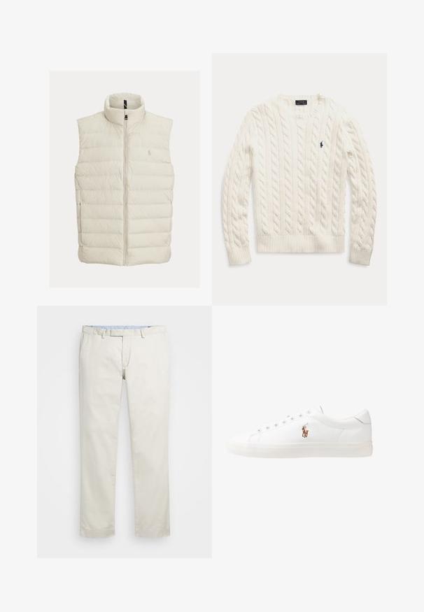Pūkinė liemenė šviesiai balta spalva, su aukštu apykakliu, priekiniais užtrauktuku ir siuvinėta horizontalia dygsniuote. Ant krūtinės išsiuvinėtas logotipas.; Balta megzta ilga rankovėmis palaidinė su banguotais rankogaliais ir apatine dalimi, puošta mažuoju tamsiai mėlynu siuvinėtu Polo Ralph Lauren logotipu ant krūtinės.; Šviesiai rudi medvilniniai chinos tipo kelnės su plokščiu priekiniu dizainu, diržo kilpomis ir šoninėmis kišenėmis. Tiesaus kirpimo dizainas su lygiu paviršiumi ir lengvu, kvėpuojančiu jausmu.; Baltos odinės sportbačiai, žemo profilio, su lygia tekstūra, apvalia nosimi, raištelių sistema priekyje ir mažyte siuvinėta logo šone.