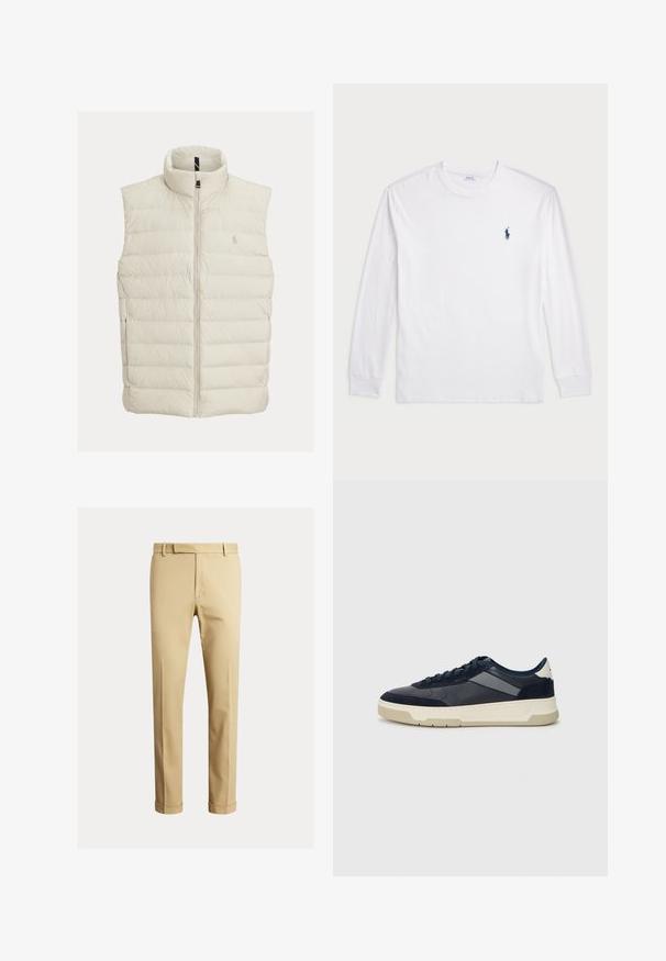 Steppweste in Off-White mit hoher Kragen, vorderem Reißverschluss und horizontaler Steppung. Besticktes Logo auf der Brust.; Weißes Langarm-T-Shirt aus Baumwolle. Mit Rundhalsausschnitt, gerippten Bündchen und kleinem, dunkelblauem Polo-Logo auf der linken Brust.; Khaki-Chinos aus glattem Baumwollstoff, mit schlankem Schnitt, vorderen Falten und Knöchelbündchen für eine tapered Optik.; BOSS BALTIMORE - Sneaker low - open blue