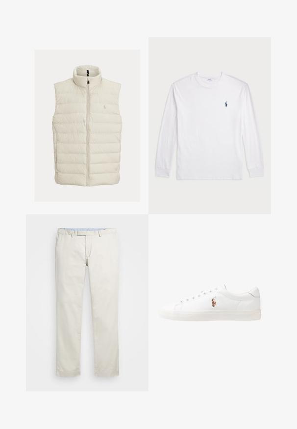 Colete acolchoado off-white, com gola alta, fecho de correr frontal e costura horizontal acolchoada. Logótipo bordado no peito.; Camisola de manga longa branca feita de algodão. Apresenta um decote redondo, punhos canelados e um pequeno logótipo de polo azul-marinho no lado esquerdo do peito.; Chinos de algodão bege com frente plana, passantes para cinto e bolsos laterais. Design de perna reta com uma textura suave e uma sensação leve e respirável.; Sapatilhas de couro brancas, design de cano baixo, com textura suave, biqueira redonda, atacadores à frente e um pequeno logótipo bordado na lateral.