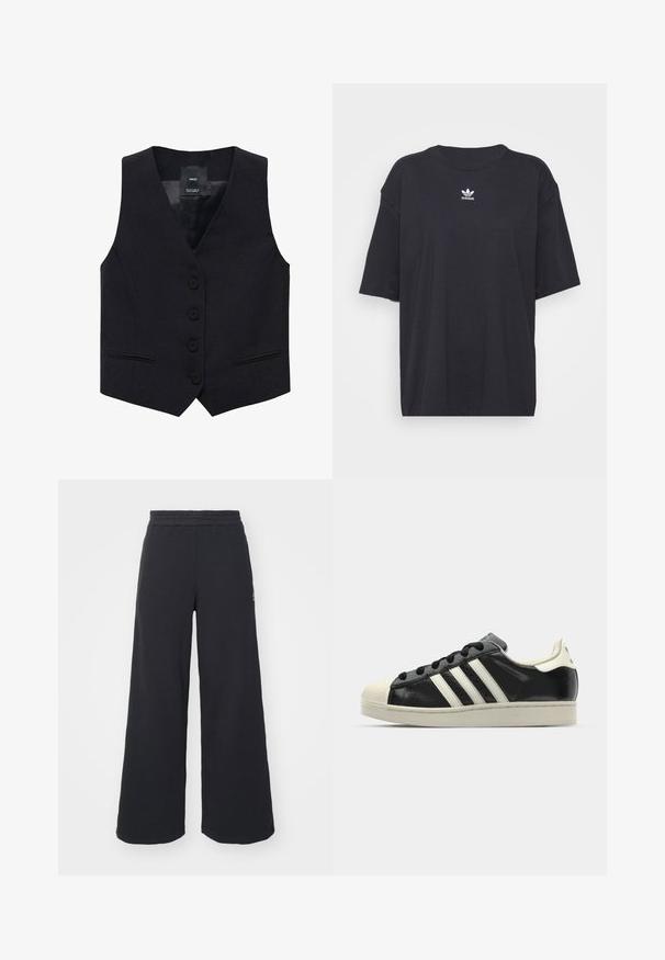 Mango JORDAN - Weste - black; Schwarzes Baumwoll-T-Shirt mit kurzen Ärmeln, rundem Halsausschnitt, mit einem weißen Adidas-Logo auf der Brust. Einfaches Design, lockere Passform.; Schwarze weite Sweatpants aus weichem Material, mit einem elastischen Taillenbund und einem kleinen Logo auf der linken Seite.; Schwarze Ledersneaker mit weißen Streifen, Gummikappe, schwarzen Schnürsenkeln und einer cremefarbenen Sohle. Glatte Textur mit glänzender Oberfläche.