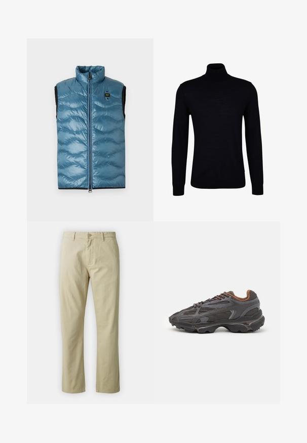 Gilet puffo azzurro chiaro con colletto rialzato, zip frontale e dettagli neri; presenta una texture trapuntata e un piccolo etichetta del marchio.; Maglione nero a collo alto in un tessuto a maglia morbida. Presenta maniche lunghe, un collo aderente e polsini e orlo a coste per una vestibilità aderente.; Pantaloni in cotone beige dal design a gamba dritta, con chiusura frontale a bottone e passanti per cintura. Tessuto liscio, senza motivi o dettagli visibili.; Sneaker Lacoste grigie scure in materiale mesh e sintetico, con suola testurizzata e dettagli marroni sul colletto e sul branding.