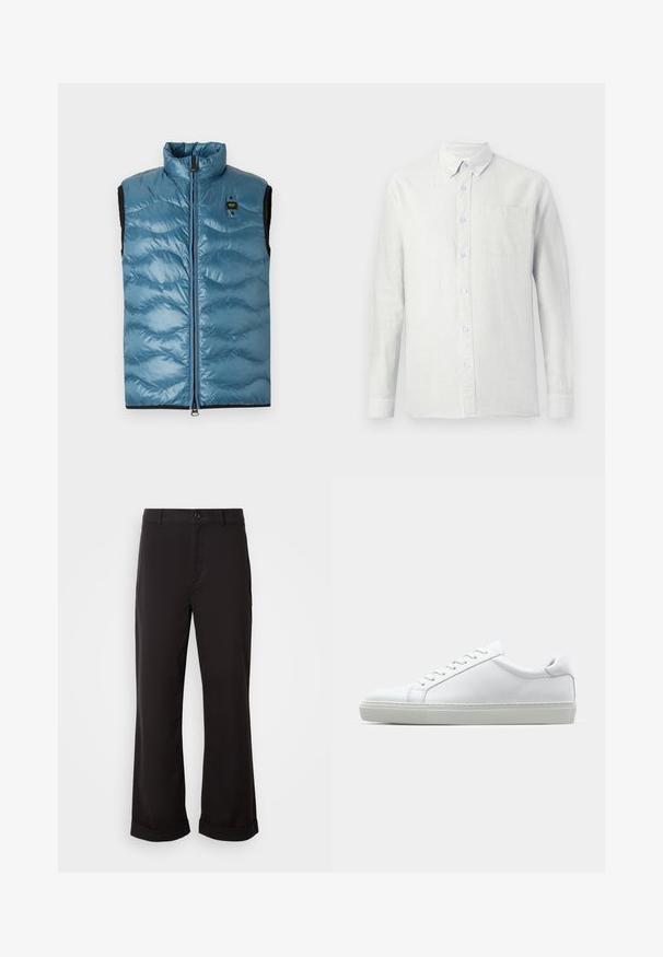 Lys blå puffy vest med ståkrage, glidelås foran og svarte detaljer; har en quiltet tekstur og en liten merkeblatt.; Lysfarget, langermet skjorte med vertikale striper, knappekrage og brystlomme. Stoffet ser teksturert ut med en myk overflate.; Sorte bukser med rett passform, laget av lett stoff. Har klassisk knappelukking og rullet mansjett ved sømmen.; Hvit sneakers med en glatt skinnoverdel og lav profil. Har en rund tå, seks snøring hull, og en teksturert gummisåle.