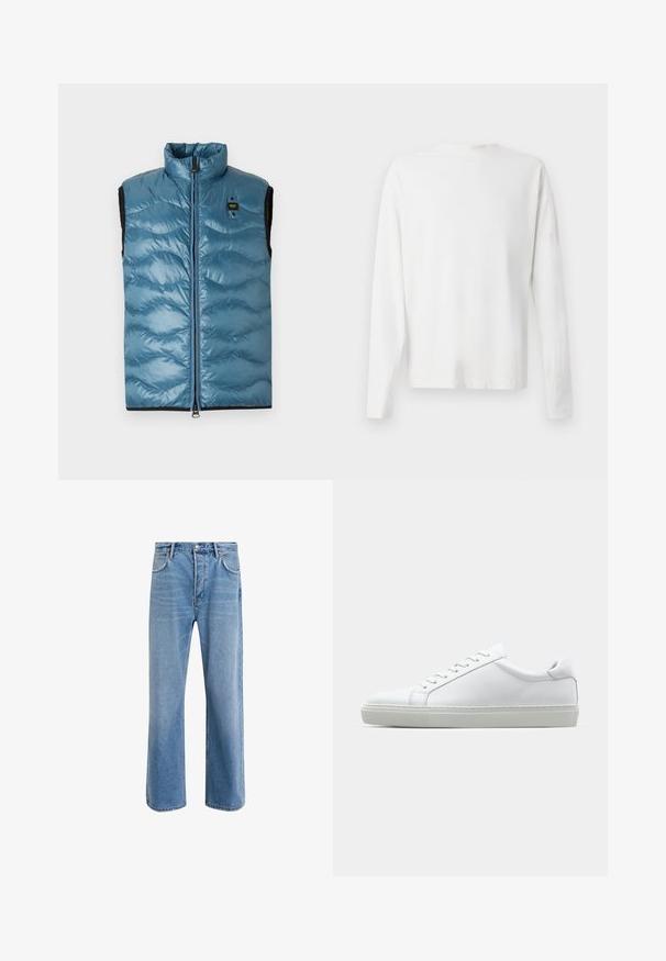 Vaaleansininen paksu liivi, jossa on pystykaulus, etuvetoketju ja mustat yksityiskohdat; siinä on kokoonpudotettu tekstuuri ja pieni brändilappu.; Pitkähihaisesta valkoisesta puuvillapaidasta, jossa on pyöreä pääntie, sivuhaalareita alaosassa ja sileä pinta, näkyy takaa.; Vaaleansiniset farkut suoranlahkeisella muotoilulla, viisi taskua, nappisuljenta, vähäinen kuluminen ja kontrastiväriset ompeluyksityiskohdat.; Valkoinen tennari, jossa on sileä nahkapäällinen ja matala profiili. Ominaisuuksiin kuuluu pyöreä kärki, kuusi rei'itystä ja teksturoitu kumipohja.