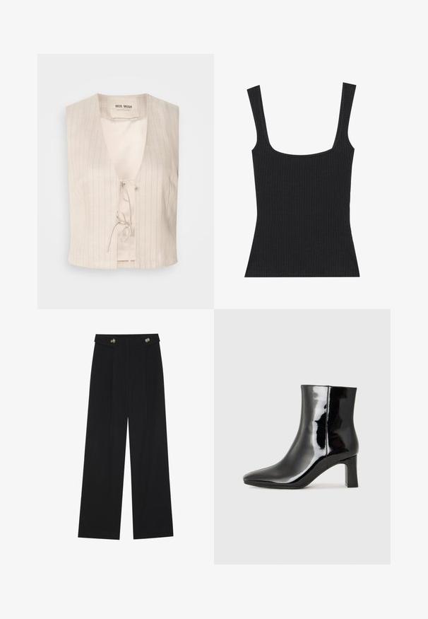 Svetlo kremni brezrokavnik z V-izrezom in zavezovanjem. Ima subtilne vertikalne črte in gladko notranjo podlogo. Nežen, lahek material.; Črna žametačast majica brez rokavov s kvadratnim izrezom in ozkimi, nastavljivimi naramnicami. Tkanina ima teksturiran vzorec in prilegajoč dizajn.; Črne široke hlače s visokim pasom, gumbnimi detajli na pasu in sprednjimi gubami.; Črne lakirane gležnjarje z ošiljenim nosom in srednje visokim blokastim peto. Gladka tekstura in minimalističen dizajn.