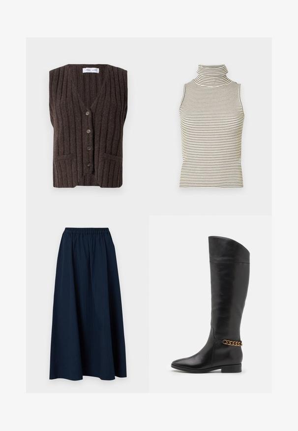 Brązowy, ribbed sweter bez rękawów, dekolt w serek, zapięcie na pięć guzików, dwie kieszenie z przodu, teksturowana tkanina, prosty i nowoczesny styl.; Bez rękawów top w golf z pionowymi czarno-białymi paskami, wykonany z teksturowanej dzianiny, z wysokim, dopasowanym kołnierzem.; Granatowa, długa spódnica wykonana z teksturowanej tkaniny z elastycznym pasem i subtelnymi pionowymi paskami.; Wysokie czarne skórzane botki o eleganckim designie, ze spiczastym noskiem i złotym łańcuszkiem na kostce. Niski blokowy obcas. Gładka tekstura.
