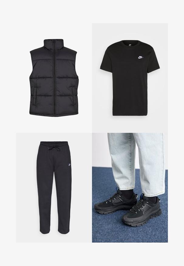 Schwarzige gepolsterte ärmellose Weste mit hohem Kragen, Frontreißverschluss und seitlichen Taschen, die eine glatte Textur und gestepptes Design aufweist.; Schwarzes Baumwoll-T-Shirt mit kurzen Ärmeln, Rundhals und kleinem weißem Nike-Logo auf der oberen linken Brust. Glatte Textur. Klassische Passform.; Schwarze Sweatpants aus weichem Stoff mit elastischem Bund, Kordelzug und kleinem Nike-Logo auf dem linken Oberschenkel.; Schwarze Sportschuhe aus strukturiertem Stoff mit Gummisohlen, ausgestattet mit elastischen Schnürsenkeln und einem blauen Akzent an der Ferse. Getragen mit hellen Jeans.
