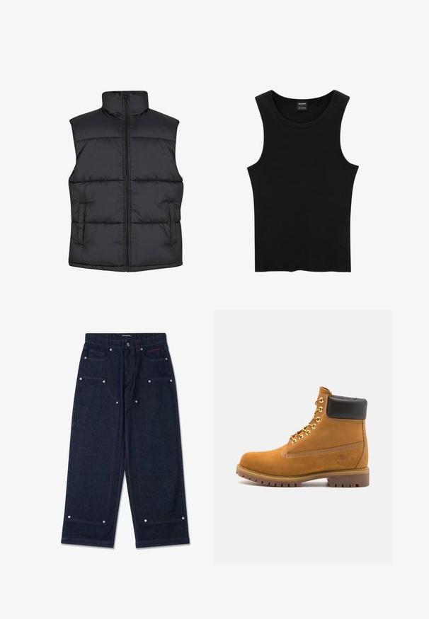 Črna oblazinjena brezrokavnik z visokim ovratnikom, sprednjim zadrgo in stranskima žepoma, ki ima gladko teksturo in prešito zasnovo.; Črna rebrasta majica brez rokavov z okrogłym izrezom in širokimi armhole, izdelana iz mehkega, raztegljivega materiala. Oznaka: Pull&Bear.; Temno modri široki hlače iz denima s dvema sprednjima žepekoma, podrobnostmi iz srebrne kovine in kontrastnim rdečim šivom. Imajo gumbasto zapiranje in logotip blagovne znamke.; Svetlo rjave anklne čizme iz semiša z črnim oblazinjenim ovratnikom, zlatimi kovinskimi očesci, belimi šivi in robustnim gumijastim podplatom s izrazitimi tredi.