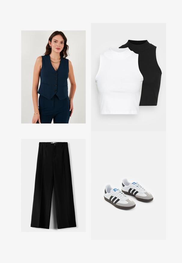 LELA SLIM FIT - Brezrokavnik - dark blue; Dva brezrokavniki z rebrasto turtleneck gorami v črni in beli barvi, z oblikovanim dizajnom in gladko teksturo, v skrajšani dolžini.; Črne široke hlače iz lahkega materiala, z zapiranjem na gumb spredaj in ravnim sprednjim delom, s skrbno zašiti robovi.; Športni čevlji z belim usnjenim zgornjim delom, sivim semišem na prstih in tremi črnimi črtami. Imajo modro logo na jeziku in teksturiran gumijast podplat.