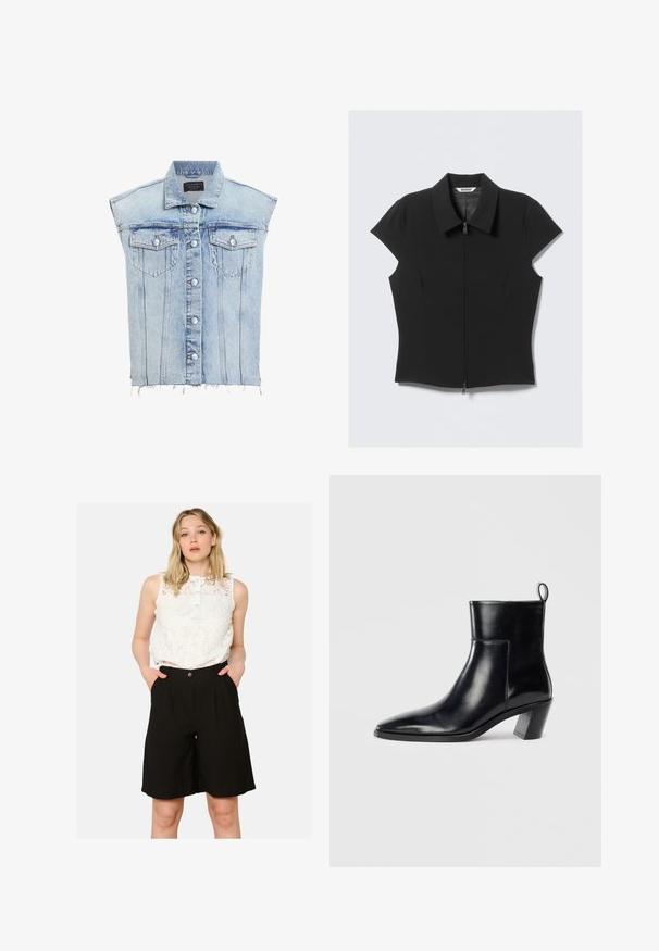 Svetlo modra denimova brezrokavnik z gumbom, dvema žepoma na prsih in razfranjenim robom. Ima klasičen ovratnik in navpične šive.; Črna prilegajoča kratka majica z zadrgo spredaj in širokim ovratnikom, položena na beli podlagi.; Bela čipkasta brezrokavna majica z ovratnikom na gumb, v kombinaciji z visokim črnim šortsem z stranskimi žepi in ohlapnim krojem.; Črne usnjene gležnjarje s koničastim prstom, geometrijsko oblikovanim zloženim peto in zanko na hrbtni strani. Gladka tekstura in eleganten dizajn.