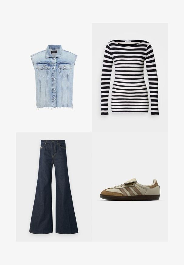 Ljusblå denimväst med knappstängning, två bröstfickor och fransad fåll. Har en klassisk krage och vertikala sömmar.; Långärmad svart och vit randig skjorta med en bred halsringning. Tillverkad av mjukt tyg, med jämna horisontella ränder.; Mörkblå utsvängda jeans i denim med hög midja, gyllene sömnadsdetaljer och två framfickor med knäppning.; Brun och krämfärgad träningsskor med tre beige ränder, made of mocka och läder, snörningsdesign och gummisula. Textlogotyp på sidan.
