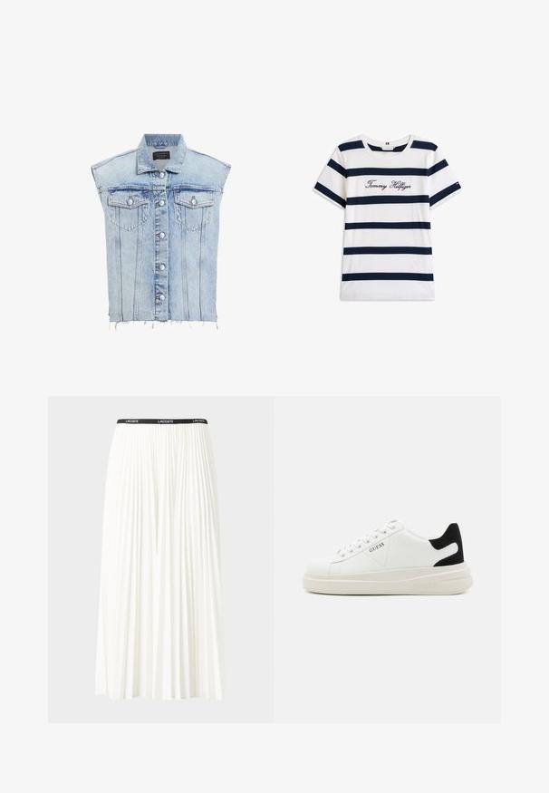 Lys blå denimvest med knappeåpning, to brystlommer og frayed hem. Har en klassisk krage og vertikale sømdetaljer.; Koftet laget av bomull har horisontale marineblå striper på hvit bakgrunn. "Tommy Hilfiger" brodert i kursiv på brystet. Rund hals.; Plissert hvit skjørt med en svart elastisk midje som har "LACOSTE"-logoen. Midjelengde design med myk tekstur.; Hvite lær sneakers med tykk hvit såle, svart semsket hælforsterkning og preget logo på siden. Snøresystem med seks hull.