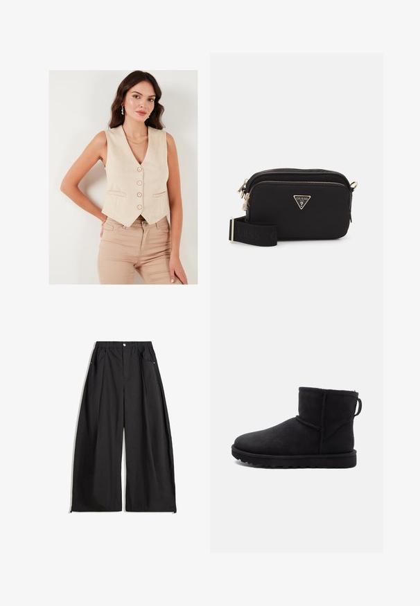 Beige ujjatlan mellény, V-nyakkivágással, öt gombbal és két elülső zsebbel, sima anyagból készült, világos bézs, testhezálló nadrággal párosítva.; Szürke, rövidített kapucnis pulóver puha anyagból, elülső grafikával, piros és fekete szöveggel. Kapucnival és bordázott ujjak végével készült.; Fekete, bő szárú nadrág, magas derékkal, amely redőkkel, elülső gombzárral és két oldalsó zsebbel rendelkezik. Strukturált anyagból készült.; Fekete nubuk bokacsizma kerek orral, birkával bélelt béléssel és lapos gumitalppal. Oldalsó varrással és hátsó húzófüllel rendelkezik.; Fekete nylon keresztpántos táska arany háromszöglogóval, cipzáras záródással, és széles állítható pánttal, amelyen a "GUESS" szó fekete színben szerepel.