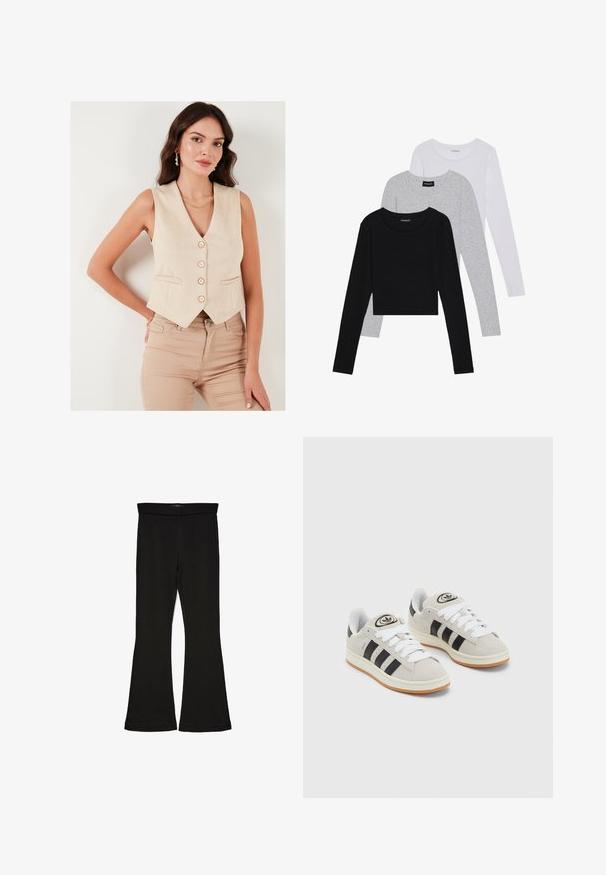 Bežs bezpiedurkņu veste ar V veida kaklu, pieci pogas un divas priekšējās kabatas, izgatavota no gludas auduma, apvienota ar gaiši bežam pieguļošām biksēm.; Trīs garām piedurknēm veidotas augšdaļas, sakrautās: melna, pelēka un balta. Katram ir noapaļots kakla izgriezums un īsa dizaina forma ar gludu, vieglu audumu.; Melnas flared leggings, kas izgatavotas no stiepjama auduma. Iezīmējas ar platu jostasvietu un gludu tekstūru, ar pieguļošu siluetu, kas paplašinās pie apakšmalas.; Pelēkas zamšādas kedas ar baltām saites, melnām svītrām un baltu gumijas zoli. Raksturīga apļa logo uz mēles un gumijas zole.