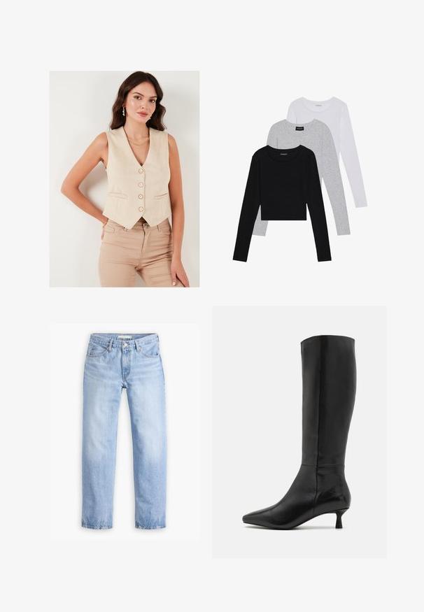 Beige ilma varrukatega sviiter, millel on V-kaelus, viis nuppu ja kaks esikotit, valmistatud sileda kangaga, millele on sobitatud heledast beigest istuvad püksid.; Kolm pikkade varrukatega toppi, mis on üksteise peale asetatud: must, hall ja valge. Igal ühel on ümar kaelus ja lühike disain, valmistatud siledast, kergekaalulisest kangast.; Heledad sinine denimist valmistatud sirge säärega teksad, viie tasku ja keskmise kõrgusega vöökoht. Omab pleekinud tekstuuri ja õmmeldud allserva.; Zign Saapad - black