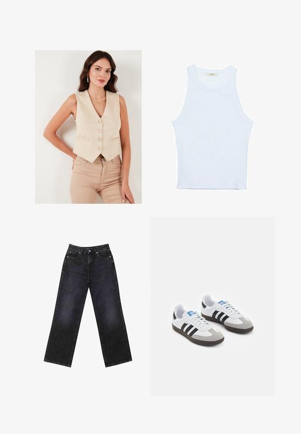 Bež brezrokavnik z V-izrezom, petimi gumbi in dvema sprednjima žepoma, izdelan iz gladkega blaga, v kombinaciji s svetlobezžnimi oprijetimi hlačami.; Bela majica bez rukavov, rebrasta tekstura, okrugli izrez, kroj koji prati tijelo, suptilno brendiranje na etiketi unutar ovratnika.; Visoke črne-denim hlače z širokim krojem, zasnovane s petimi žepi in vidnimi šivi. Tkanina ima gladek, rahlo teksturiran videz.; Športni čevlji z belim usnjenim zgornjim delom, sivim semišem na prstih in tremi črnimi črtami. Imajo modro logo na jeziku in teksturiran gumijast podplat.