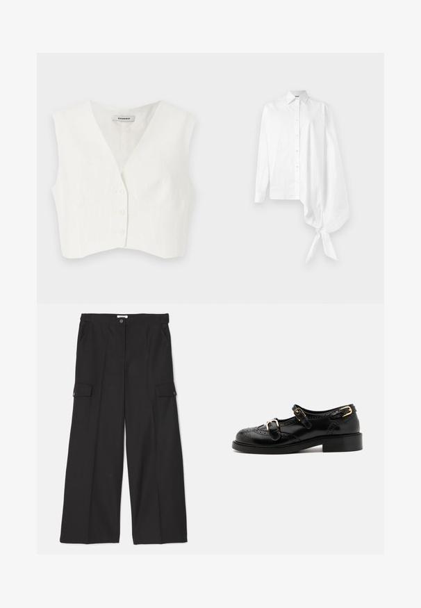 Valge lühike topp V-kaelusega, kahe eesmise taskuga, viie nööbiga ja vertikaalsete tekstuuriga triipudega. Valmistatud siledast, kergest kangast.; Valge pikakätiline nööpidega särk, millel on asümmeetriline, ülevõetud varrukas, sidunud paremal küljel randme ümber.; Mustad laiad püksid, mis on valmistatud siledast ja vastupidavast kangast. Omab eesmistesse taskutesse ja kahte nööbiga suurtaskut.; Mustal nahast kingad brogue-tekstiiliga, millel on kaks pandla rihma, ümar varvas ja madal konts. Sujuv tekstuur ja läikiv viimistlus.