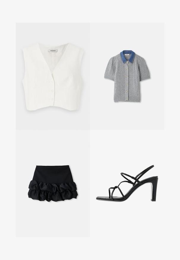 Balts īss tops ar V veida izgriezumu, divām priekšējām kabatām, piecām pogām un vertikālām tekstūrām. Izgatavots no gludas, vieglas auduma.; Pelēks adīts īsām piedurknēm kardigans ar stīgas rakstu, ar džinsa apkakli un pieciem zelta pogām priekšpusē.; Melnā mini svārki ar piegulīgu augšu un trim ruffles slāņiem apakšā, ar gludu tekstūru un tīrām līnijām.; Melnas papēžu siksniņas ar plānām siksnām, teksturētu apdari, atvērtu purngalu un elegantu, smailu papēdi. Iezīmē gludu iekšējo daļu un spīguļojošu virsmu.
