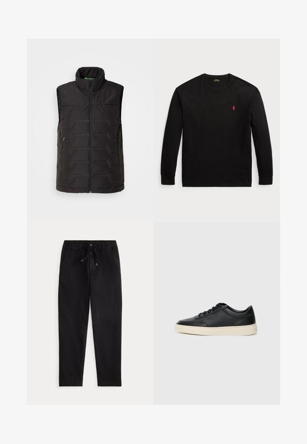 BOSS KHARAN - Väst - black; Svart långärmad t-shirt i bomull. Har en crew-neck, ribbade ärmslut och en liten röd broderad logotyp på bröstet. Slät yta.; Svarta avslappnade byxor med elastiskt midjeband, snörning, framknapp och sidofickor, visade på en enfärgad bakgrund.; Svart låg skor i läder med svarta snören och off-white sula, visas i sidoprofil på vit bakgrund.