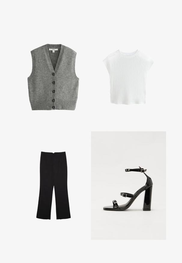 Next BUTTON FRONT TANK - REGULAR FIT - Vest - grey; Hvid, tekstureret kortærmet top med rund halsudskæring og raglanærmer, der har et diskret bølgemønster og let materiale.; Sorte bukser med lige pasform, der har frontlommer og slidser i kanten. Lavet af blødt, glat stof. Velegnet til forskellige anledninger.; Sorte patenterede hælsandaler med firkantet tå, ankelremme og sølvspænder. Har en chunky blokHæl for stabilitet.