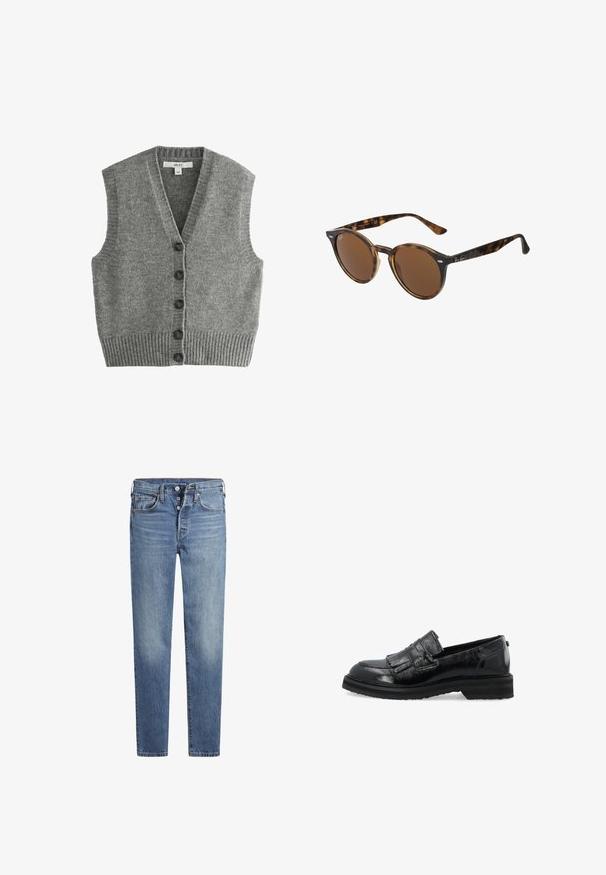 Next BUTTON FRONT TANK - REGULAR FIT - Liemenė - grey; Balta ilga rankovėmygtukinė marškiniai su plačiu apykakle, pagaminti iš lygaus medvilninio audinio ir apvalainių kraštų. Audinys turi šiek tiek blizgesio.; Šviesiai mėlynos džinsinės kelnės su siauru siluetu, penkių kišenių dizainu, mygtuko uždarymu ir blukimo detalėmis ant kojų. Klasikiniai siuvinėjimo akcentai.; Juodi patentiniai odiniai loafers su kutais, suapvalinta nosimi ir storu juodu guminiu padu. Lygus tekstūros paviršius su blizgiu apdaila.; Apvalūs saulės akiniai su skydeliu iš škorpiono plastiko, rudi objektyvai ir metalinės detalės priekyje. Šslunuros su poliruotu paviršiumi.