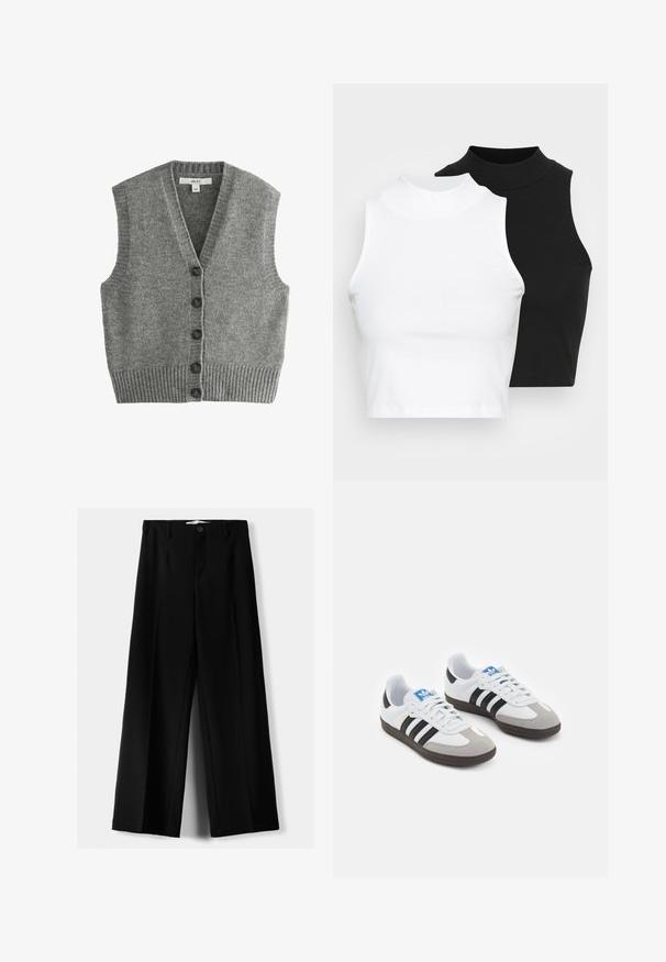 Next BUTTON FRONT TANK - REGULAR FIT - Vesta - grey; Dve bezrukávové rebrované roláky v čiernej a bielej farbe, pričom majú priliehavý strih a hladkú textúru, s krátkou dĺžkou.; Čierne široké nohavice z ľahkého materiálu, s predným zapínaním na gombík a plochým predným dielom, s pekne ušitými lemami.; Športové topánky s bielym koženým zvrškom, šedou semišovou špičkou a tromi čiernymi pruhmi. Obsahujú modré logo na jazyku a štruktúrovanú gumovú podrážku.