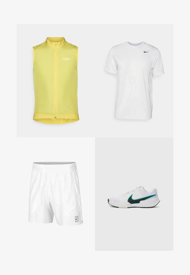 Bez rukava biciklistička prsluk u svijetlo žutoj boji, s prednim patentnim zatvaračem, visokim ovratnikom i suptilnim logotipom. Glatki, lagani materijal s uskim krojem.; Bijela kratkotrajna majica s kratkim rukavima izrađena od glatkog materijala. Ima okrugli izrez i mali crni Nike logo na lijevoj strani prsnog koša.; Bijele atletske kratke hlače izrađene od lagane tkanine s elastičnim pojasom, koje imaju dva bočna džepa i mali crni logo na rubu.; Bijela atletska cipela s teksturiranim mrežastim gornjim dijelom, crnim gumiranim potplatom i akcentom u boji tirkizne na Nike swoosh oznaci. Ima vezice i podstavljeni ovratnik.