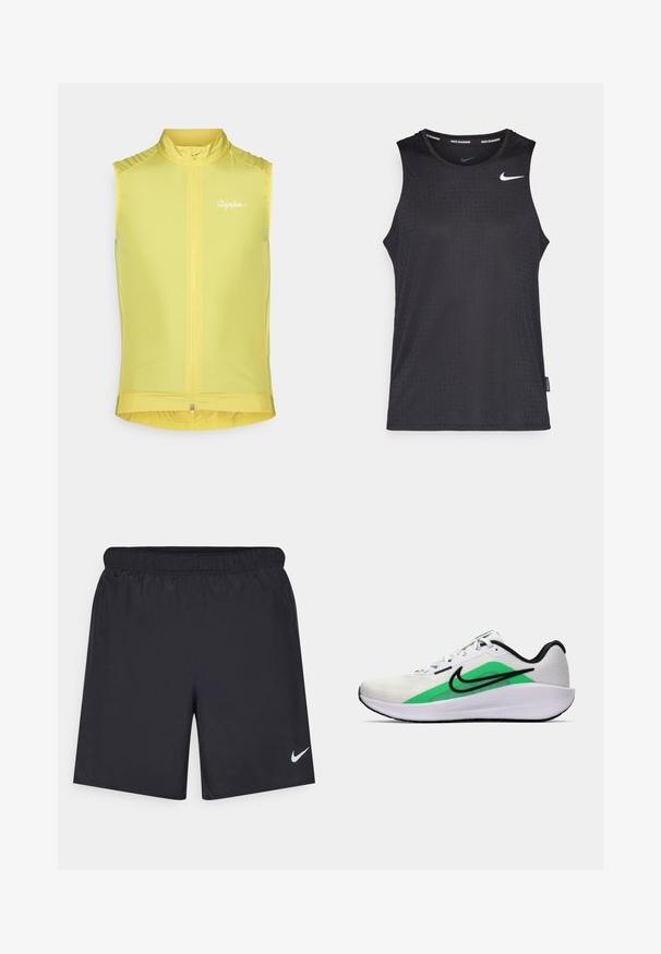 Bežėrė dviračių liemenė ryškiai geltonos spalvos, su priekiniais užtrauktukais, aukšta apykakle ir subtiliu logotipu. Lygus, lengvas audinys su prigludusia forma.; Juodas be rankovių sportinis marškinėlis, pagamintas iš lygios medžiagos, su tekstūruotu raštu ir mažuoju baltu Nike logotipu krūtinėje.; Juodos sportinės šortai, pagaminti iš lengvos medžiagos, su elastingu juosmeniu. Ant apatinės kairės pusės yra mažas baltas Nike logotipas.; Balti sportiniai batai su žalia akcentu, juodu logotipu, tinklinė viršutinė dalis, paminkštintas padas ir suapvalintas kulnas. Yra raišteliai ir kontrastingos detalės.