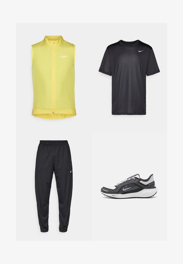 Ermeløs sykkelvest i klar gul, med glidelås foran, høy krage og diskret logo. Glatt, lett materiale med en tettsittende design.; Svart idretts-t-skjorte med korte ermer, rund hals, laget av glatt stoff. Har en liten hvit Nike-logo øverst til venstre.; Svarte treningbukser med elastisk midje, avsmalnende ben og en liten hvit Nike-logo på venstre lår. Glatt stoff, ingen mønstre.; Svart og grå atletisk sko med mesh-overdel, refleksdetaljer og hvit mellomsåle. Har strukturert gummisåle og lisser.