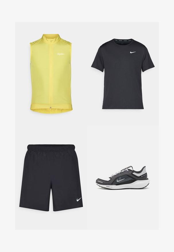 Bez piedurknēm velosipēdu veste spilgti dzeltenā krāsā ar priekšējo rāvējslēdzēju, augstu apkakli un smalku logo. Gluda, viegla materiāla ar pieguļošu dizainu.; Melna Nike skriešanas T-kreklā, kas izgatavots no viegla un elpojoša materiāla, ar īsām piedurknēm un mazu baltu logo uz krūtīm.; Melnas sporta šorti, izgatavoti no viegla materiāla, ar elastīgu jostu. Uz apakšējā kreisā stūra ir neliels balts Nike logo.; Melnas un pelēkas sporta kurpes ar tīklu augšdaļu, atstarojošiem akcentiem un baltu starpzoli. Aprīkotas ar teksturētu gumijas zoli un šņorēm.
