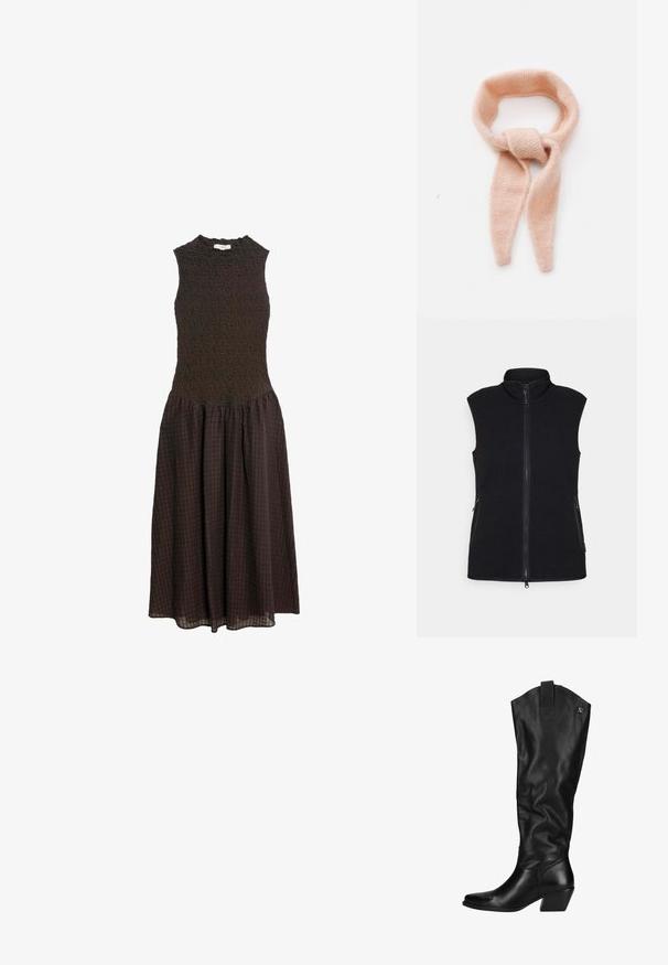Sort fleece vest med høj krave, fuld frontlynlås og to sidelommer. Teksturstof med en glat overflade og uden ærmer.; Ærmeløs mørkebrun midi-kjole med tekstureret tætsiddende overdel og en samlet ternet skørt på en hvid baggrund.; Sorte læderknæhøje støvler med en let struktureret overflade. Har en spids tå, en blokhæl og et logo-accent øverst.; Lys rosa strikket tørklæde, blød tekstur, looper design med forlængede ender, med en knyttet detalje i midten.