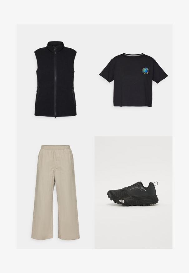 Czarna kamizelka polarowa z wysokim kołnierzem, pełnym zamkiem z przodu oraz dwoma bocznymi kieszeniami. Teksturowany materiał o gładkim wykończeniu i bez rękawów.; Czarna bawełniana koszulka z krótkim rękawem z okrągłym, wielokolorowym logo na piersi. Prosty dół i luźny krój.; Spodnie o szerokich nogawkach w jasnobeżowym materiale z elastycznym pasem, gładką teksturą i bez widocznych elementów metalowych czy wzorów.; Czarne buty sportowe z teksturowaną cholewką, sznurowadłami i gumową podeszwą. Posiadają wzmocnioną piętę oraz logo z boku.