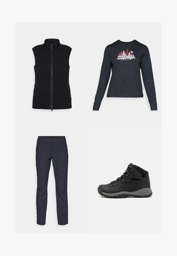 Sort fleece vest med høj krave, fuld frontlynlås og to sidelommer. Teksturstof med en glat overflade og uden ærmer.; Langærmet mørkegrå skjorte med grafik af røde træer og bjerge; "COLUMBIA" logo i fed hvid tekst. Blødt stof, standard rund hals.; Mørkeblå bukser lavet af glat stof, med en frontknaplukning, tætsiddende design og pressefolder ved knæene.; Sort vandrestøvle med en mellem-højde design, der har en tekstureret overdel, grå detaljer og en holdbar gummisål med skridsikre klodser.