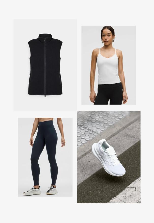 Črn flis brezrokavnik z visokim ovratnikom, polno zadrgo spredaj in dvema stranskima žepoma. Teksturovan material z gladko površino in brez rokavov.; Bela majica brez rokavov s tankimi naramnicami, oblikovana v V-izrezu, s prilegnjeno silhueto. Gladka tekstura, minimalne podrobnosti, nosi se z črnimi legicami.; Visoke modre legice iz elastičnega materiala, ki se ponašajo z gladko teksturo in oprijetim dizajnom. Nosi se jih z belimi in črnimi športnimi čevlji.; Bela športna čevelj z zgornjim delom iz mrežastega materiala, vezalnim oblikovanjem in teksturiranim podplatom. Opazne so subtilne znamke in brezšivne konstrukcijske podrobnosti.
