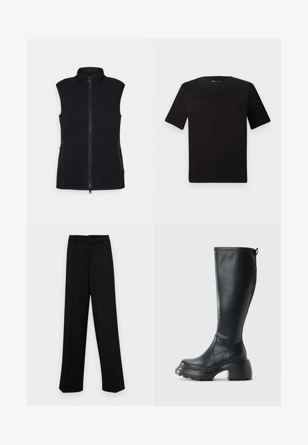 Must värviline fliisvest kõrge kaelusega, täispikk lukuga ja kahe küljetaskuga. Tekstureeritud kangas siledast viimistlusest ja ilma varrukateta.; Must olema lühikeste varrukatega must t-särk ümmarguse kaelusega, valmistatud pehmest puuvillast kangast. Lihtne disain, ilma nähtavate logode või mustriteta.; Musta laiad püksid siledast kangast, millel on klassikaline vöökoht, nööbiga sulgemine ja ees voldid.; Kõrge must nahksaapad, millel on massiivne platvormi tald ja blokk-kand, varustatud tõmbenööriga ja tekstuuriga väljatõmbejääk.