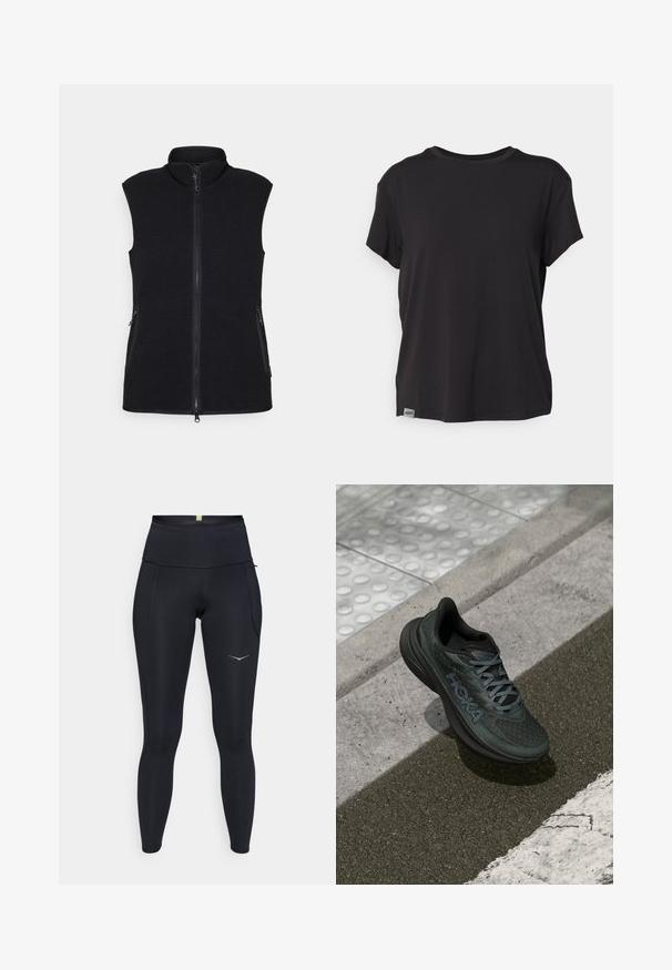 Black fleece vest with high collar, full front zipper, and two side pockets. Textured fabric with a smooth finish and no sleeves.; Black short-sleeve t-shirt made from soft fabric, featuring a rounded neckline and a small logo tag at the bottom left hem.; Black athletic leggings with a high waistband. Made of stretchy material, featuring two side pockets and reflective logo detail.; Black running shoe with mesh upper, textured accents, and logo, featuring a cushioned sole and gray laces, positioned on pavement.