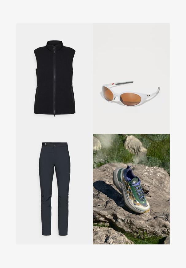 Gilet in pile nero con colletto alto, zip frontale completa e due tasche laterali. Tessuto testurizzato con una finitura liscia e senza maniche.; Pullover a maniche lunghe viola chiaro con collo a zip. Tessuto liscio, design aderente e logo sul davanti. Tessuto elasticizzato per il massimo comfort.; Pantaloni da uomo per attività all'aperto, grigio scuro, realizzati in materiale elastico, dotati di cintura, tasche con zip e cuciture rinforzate.; Scarpa sportiva con tomaia in rete a motivo verde e beige, una suola intermedia spessa grigia e accenti viola, posizionata su una superficie rocciosa.; Occhiali da sole bianchi con lenti marroni, forma ovale, realizzati in plastica liscia, con dettagli grigi sulle aste e un logo sulla montatura.; Zaino nero realizzato in nylon liscio, con logo anteriore, spallacci regolabili e tasche laterali in rete per ulteriore spazio di stoccaggio.