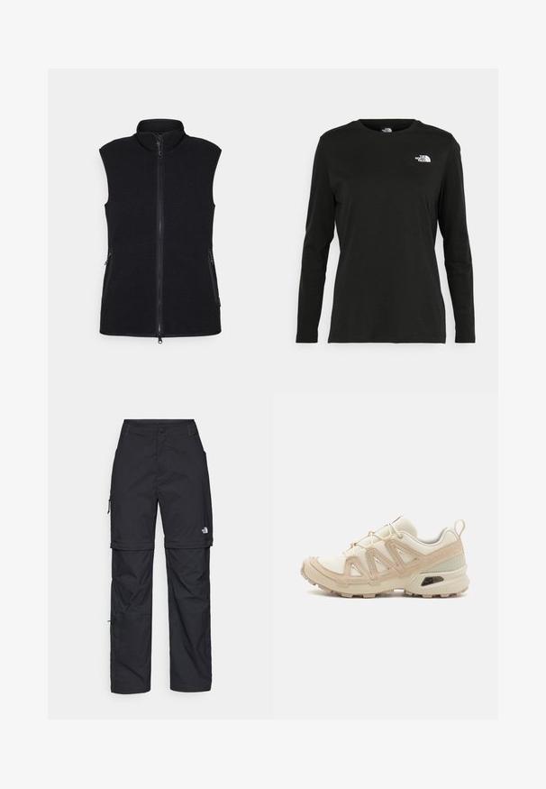 Juodas vilnos liemenė su aukštu apykakle, pilnu priekiu užtrauktuku ir dviem šoniniais kišenėmis. Audinys struktūruotas, su lygiu paviršiumi ir be rankovių.; Juodas ilgomis rankovėmis medvilninis marškinėliai su apvali apykakle. Savybė - mažas baltas logotipas kairėje krūtinės pusėje. Paprastas dizainas ir pritaikymas.; Juodos nailoninės krovinių kelnės su reguliuojamais rankovėmis, daugybe kišenių ir logo ant dešinės kojos. Lygi, lengva tekstūra.; Bežinės ir kreminės spalvos sportinės bateliai su tekstūruoto tinklelio viršutine dalimi, palaikančiomis detalėmis ir guminiais padais, turinčiais raštą, užtikrinantį sukibimą.