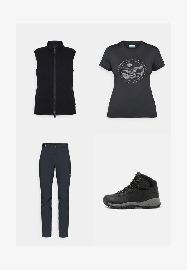 Zwarte fleec vest met hoge kraag, volledige rits aan de voorkant en twee zijzakken. Gestructureerde stof met een gladde afwerking en zonder mouwen.; Zwarte Columbia t-shirt met witte cirkelvormige lijntekening van bergen en een rivier en de tekst "Columbia Sportswear Company Outside Since 1938."; Heren buitenbroeken, donkergrijs, gemaakt van flexibel materiaal, met een riem, ritszakken en verstevigde stiksels.; Zwarte wandelschoen met een mid-top ontwerp, voorzien van een gestructureerde bovenkant, grijze accenten en een duurzame rubberen zool met gripnoppen.