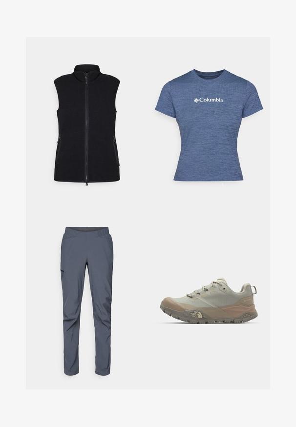 Must värviline fliisvest kõrge kaelusega, täispikk lukuga ja kahe küljetaskuga. Tekstureeritud kangas siledast viimistlusest ja ilma varrukateta.; Sinine lühikeste varrukatega t-särk, mis on valmistatud tekstureeritud kangast, millel on rinnal valge Columbia logo, ümmargune kaelus ja liibuva disainiga.; Hallid performance püksid, millel on elastne vöökoht, kaks eesmist taskut ja tõmblukuga küljetasku. Sile tekstuur ja kitsenev lõige.; Heledhalli spordijalanõud beežide aktsentidega, valmistatud sünteetilisest materjalist. Omab karmi tallatüüpi, paeltega sulgemist ja brändimist küljes.