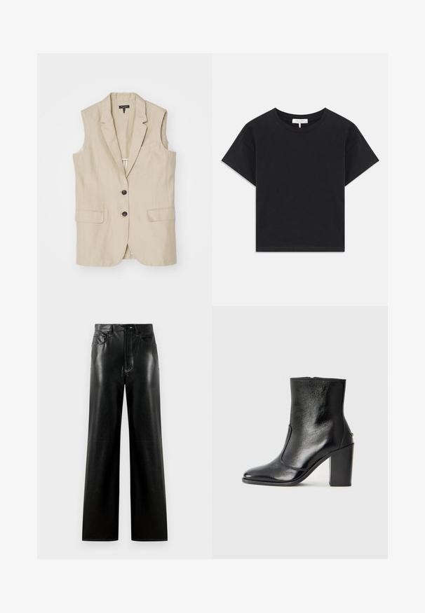 Beige sleeveless blazer with two front pockets, three black buttons, notched lapels, and a single back vent. Smooth fabric texture.; Black cropped t-shirt made of cotton, featuring a round neckline, short sleeves, and a simple design with no patterns or embellishments.; Black leather wide-leg pants with a smooth finish, featuring a button and zipper fly, front pockets, and contrast stitching details.; Black leather ankle boot with a smooth texture, pointed toe, and a chunky high heel. Features a side opening and minimalistic design.