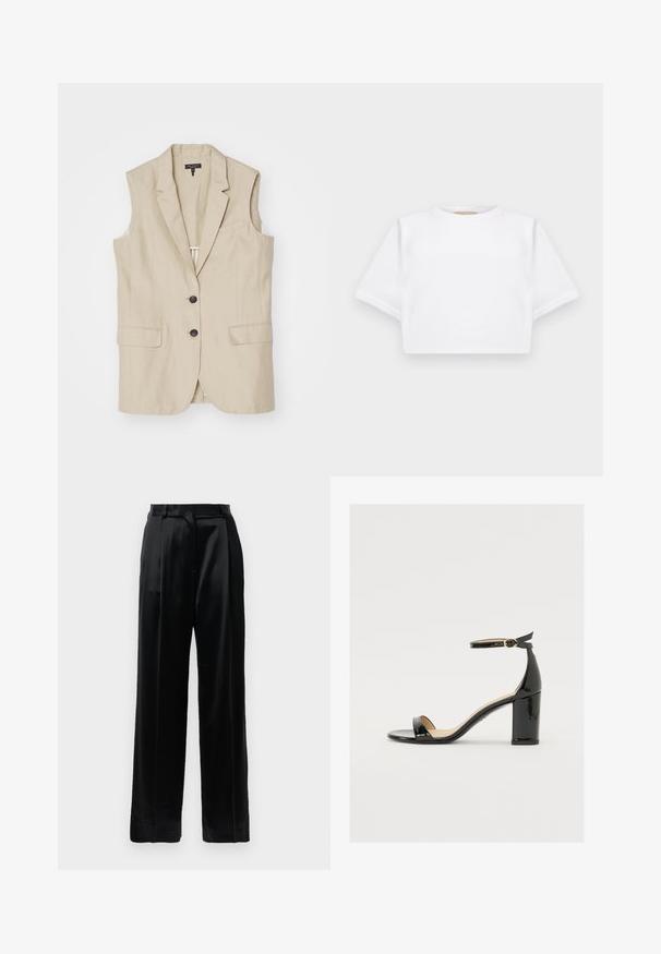 Blazer beige senza maniche con due tasche frontali, tre bottoni neri, revers a punte e una singola apertura posteriore. Tessuto a trama liscia.; T-shirt bianca cropped realizzata in tessuto morbido, con maniche corte, scollo rotondo e dettagli a costine sull'orlo. Design semplice e senza fronzoli.; Pantaloni in satin neri a vita alta con gambe larghe dritte, passanti per cintura e chiusura frontale piatta su uno sfondo bianco semplice.; Sandalo in vernice nera con tacco largo, punta aperta e cinturino alla caviglia con fibbia dorata. Texture liscia e design elegante.